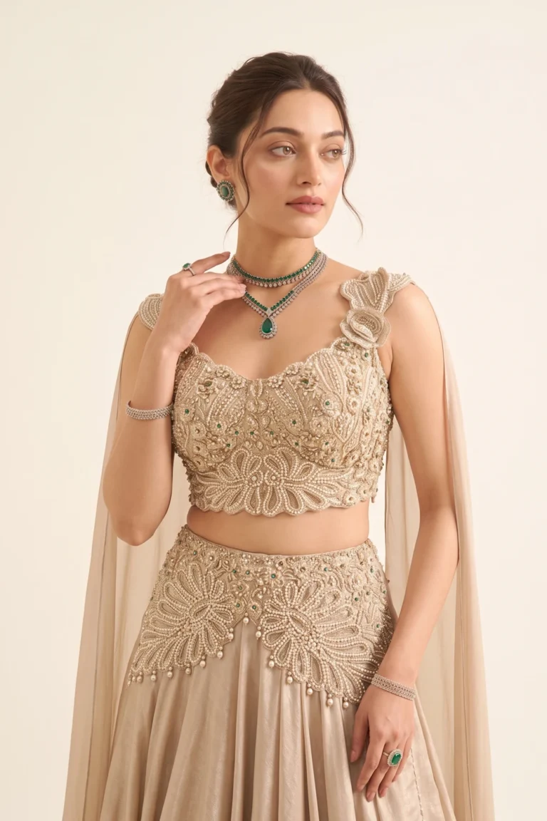 Close-up view of the dense pearl beadwork, cutdana embroidery, and floral motifs on the cream chinon choli.