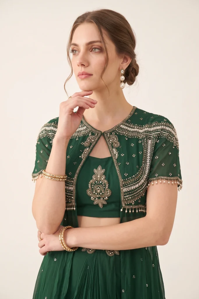 Close-up view of the dense silver and gold beadwork, cutdana embroidery, and cape overlay on the emerald green set.