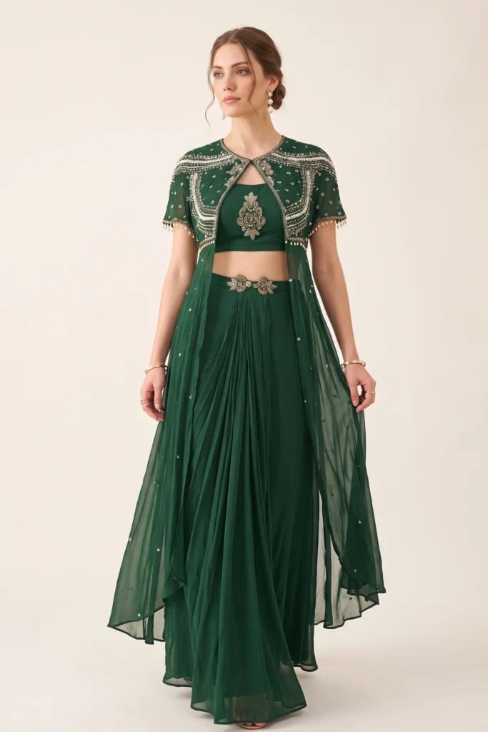 Luxurious Green Crape Georgette Embellished Drape Dhoti with Skirt Set 1 Premium 3 Piece Outfit