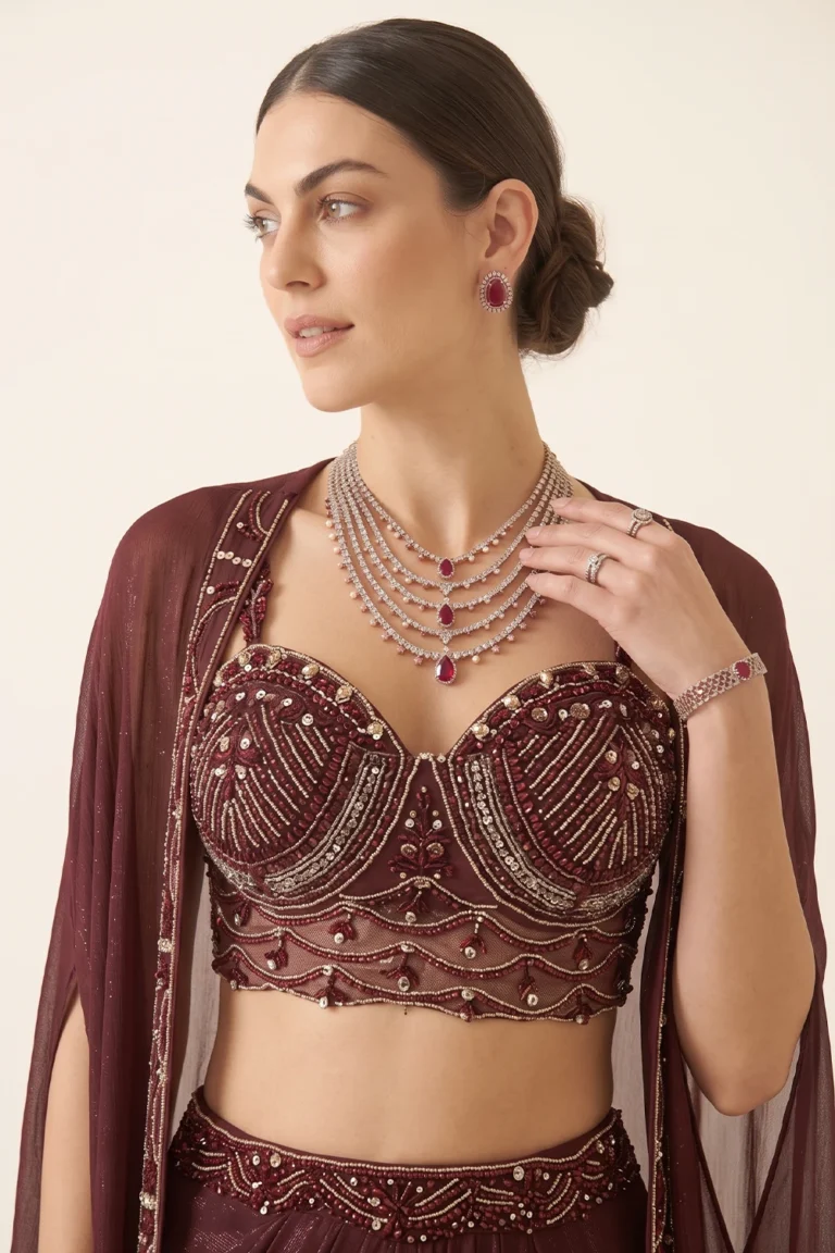 Close-up view of the dense silver beadwork, cutdana embroidery, and sweetheart neckline on the maroon shimmer mesh net bustier choli.