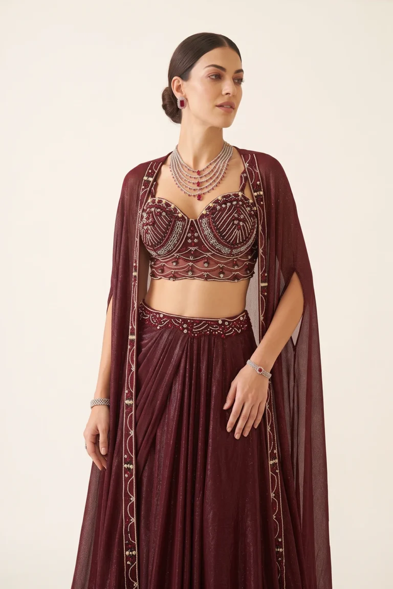 Magnificent Maroon Shimmer Mesh Net Embellished Lehenga Choli Jacket Set 1 Luxurious 3 Piece Outfit