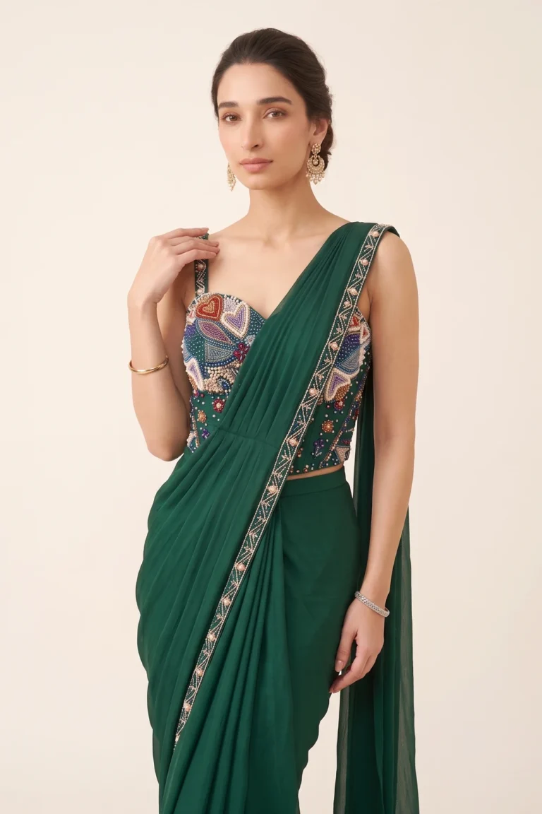 Close-up view of the dense multi-colored beadwork, sequins, and peacock motif embroidery on the emerald green blouse.