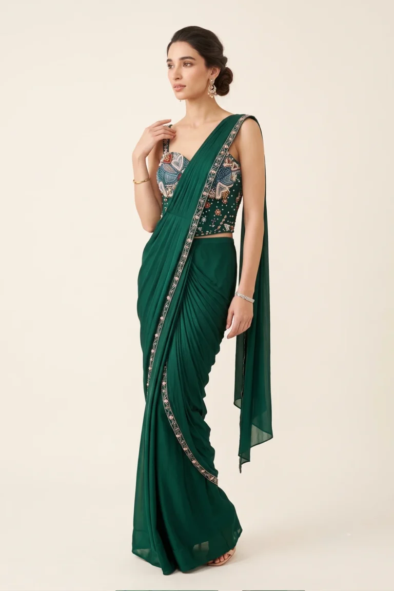 Breathtaking Emerald Green Chiffon Embellished Pre-Draped Saree Set 1 Luxurious 2 Piece Outfit