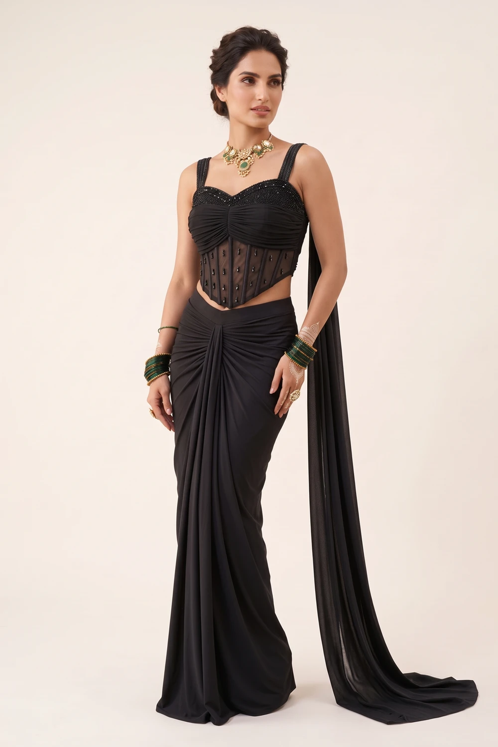sysha black Exquisite Black Lycra Embellished Drape Skirt Set 1 Premium 2 Piece Outfit