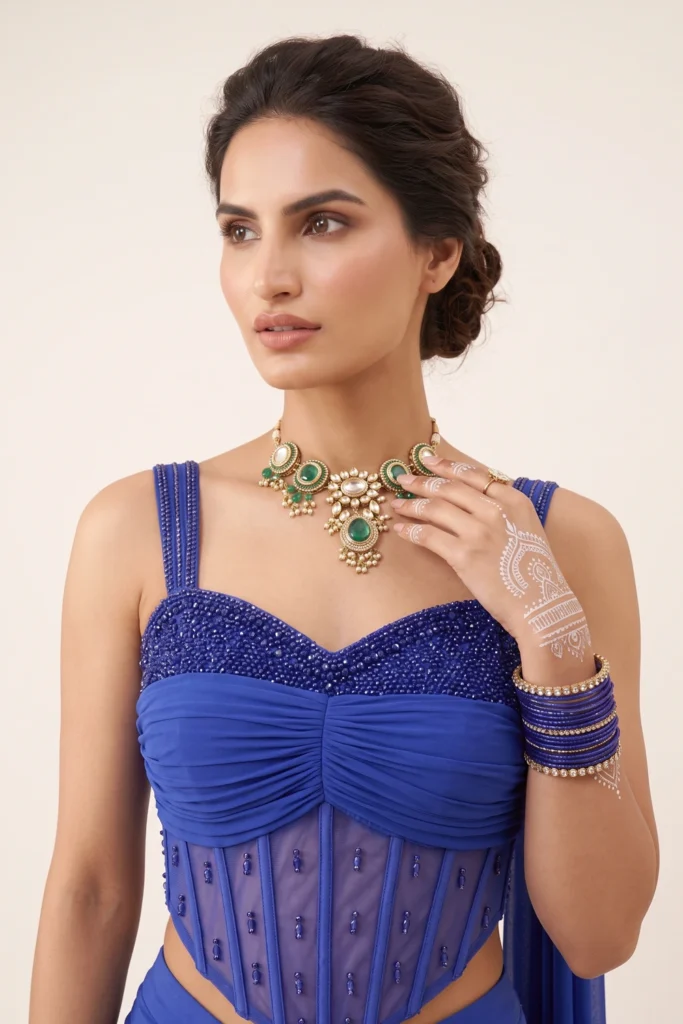 Close-up view of the dense beadwork, sequins, and sheer boned structure on the royal blue lycra corset top.
