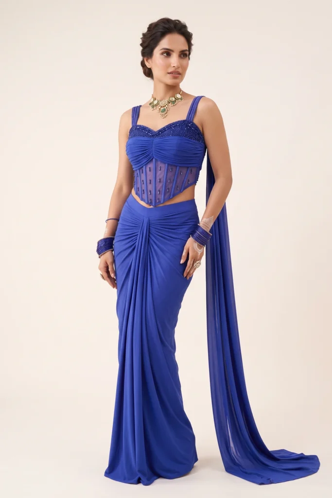 Exquisite Blue Lycra Embellished Drape Skirt Set 1 Premium 2 Piece Outfit