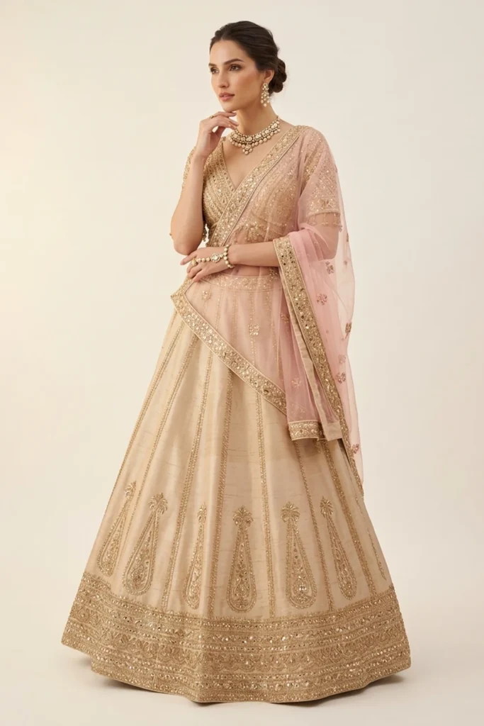 Magnificent Beige Silk Embroidered Lehenga Choli Set 1 Luxurious 3 Piece Outfit