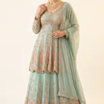 Luxurious Sky Blue Shimmer Peplum Skirt Set 1 Premium 3 Piece Outfit