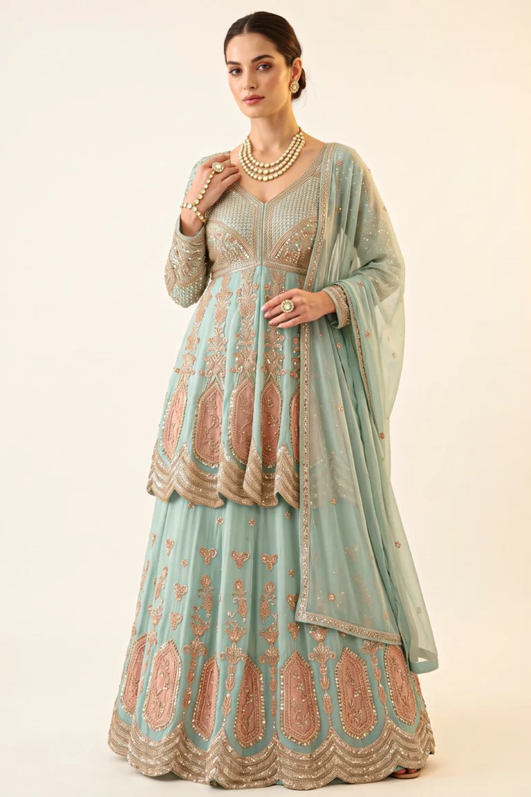 Luxurious Sky Blue Shimmer Peplum Skirt Set 1 Premium 3 Piece Outfit