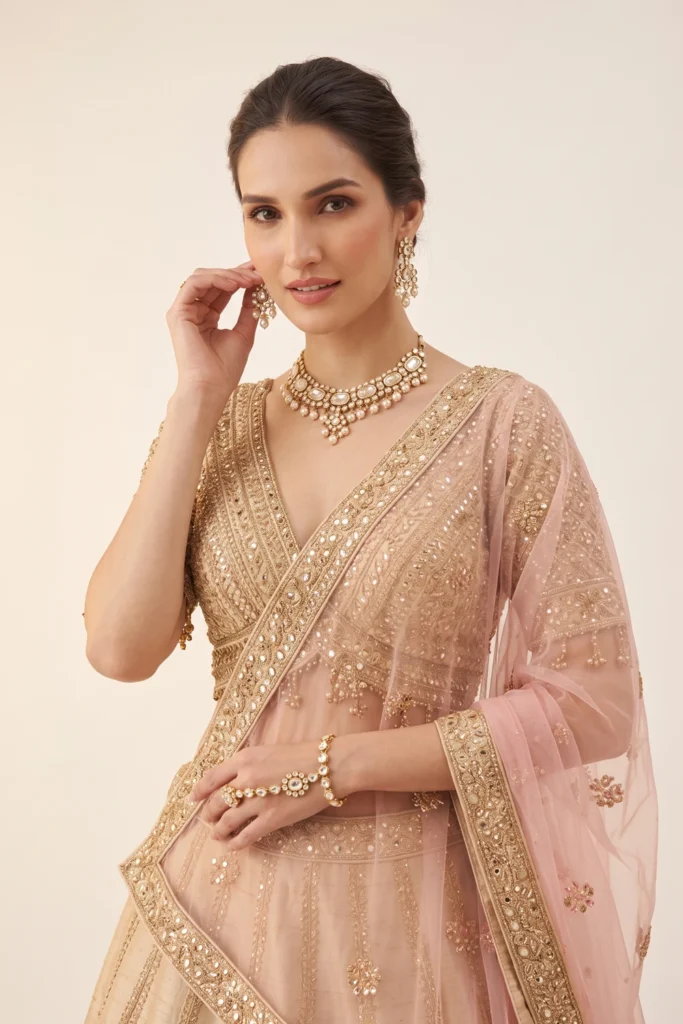 Close-up view of the dense gold zari embroidery, sequins, and V-neckline on the beige silk choli.