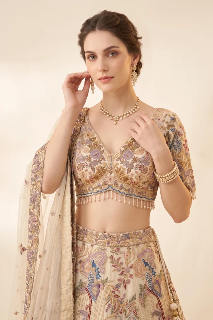 Close-up view of the dense multi-colored thread embroidery, V-neckline, and bead fringe on the off-white organza choli.
