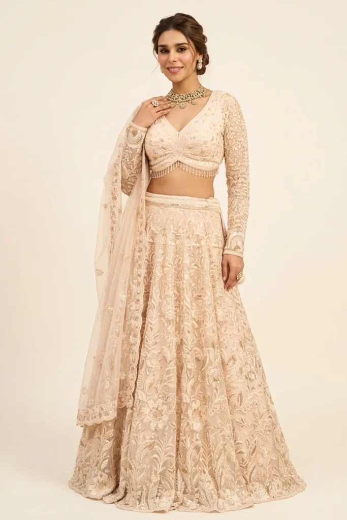Luxurious Cream Net Embroidered Lehenga Choli Set 1 Premium 3 Piece Outfit