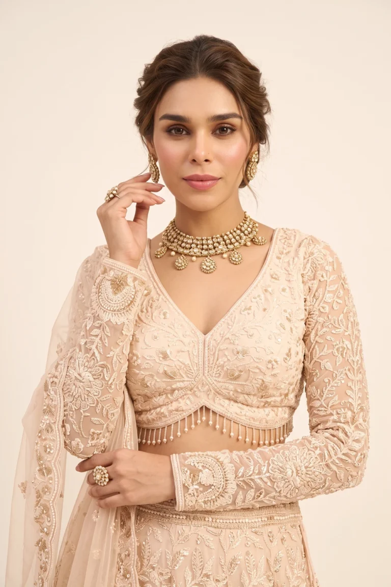 Close-up view of the dense thread embroidery, full sleeves, V-neckline, and bead fringe on the cream net choli.
