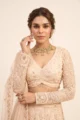 Close-up view of the dense thread embroidery, full sleeves, V-neckline, and bead fringe on the cream net choli.