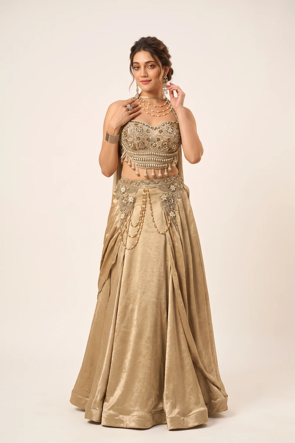 yg 7 Luxurious Beige Crepe Satin Lehenga Choli Set 1 Premium 3 Piece Outfit