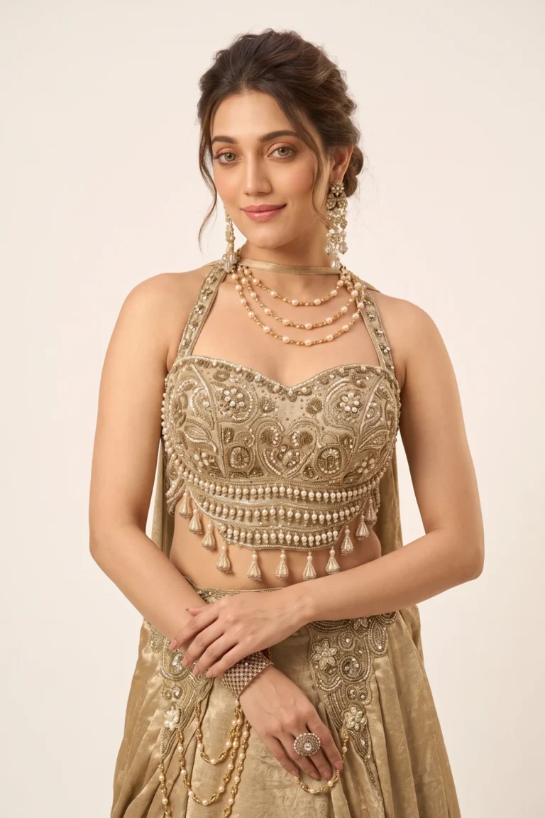 Close-up view of the dense beadwork, cutdana embroidery, and hanging pearl tassels on the beige crepe satin halter choli.