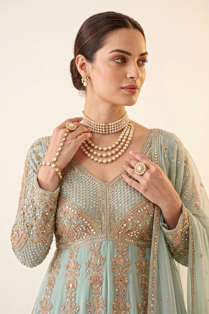 Close-up view of the dense gold zari embroidery, V-neckline, and patterned insets on the sky blue shimmer peplum top.