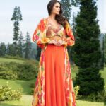Orange Floral Printed Silk Cape Set: 3-Piece Outfit