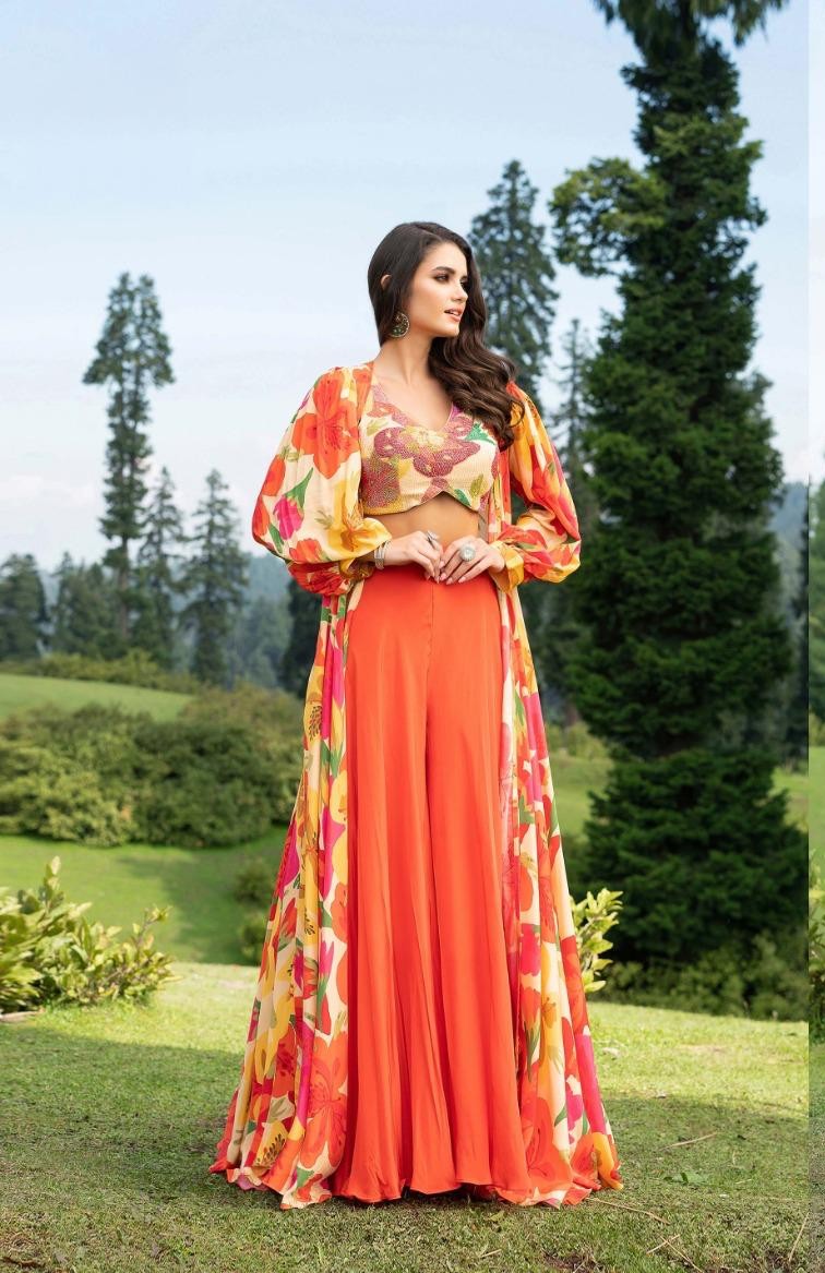 12 Orange Floral Printed Silk Cape Set: 3-Piece Outfit - Image 1