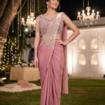 Rose Pink Lycra Embellished Drape Saree Set: 2-Piece Outfit