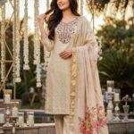 Cream Shimmer Straight Pant Suit Set: 3-Piece Outfit