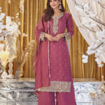 Pink Vichitra Beads Work Palazzo Suit Set: 3-Piece Outfit