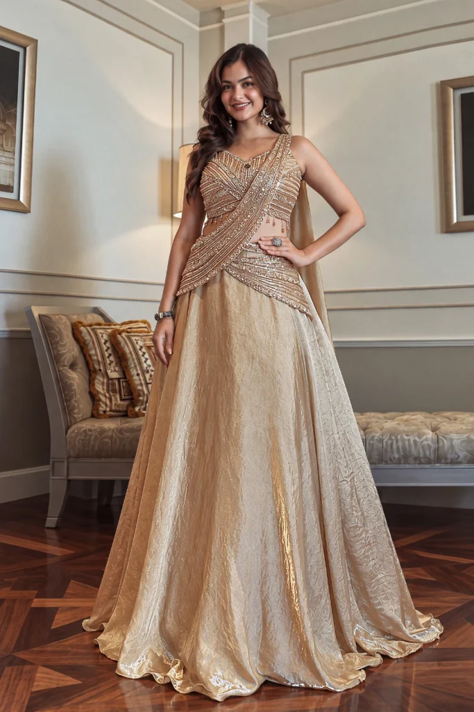 Exquisite Gold Jimmy Choo Embellished Drape Saree Set 1 Premium 2 Piece Outfit