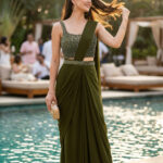 Green Georgette Embroidered Drape Saree Set: 2-Piece Outfit