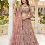 Exquisite Dusty Rose Net Embellished Crop Top Lehenga Set 1 Premium 3 Piece Outfit