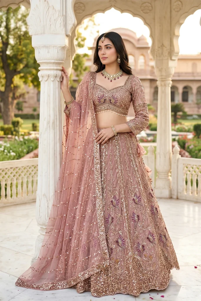 Exquisite Dusty Rose Net Embellished Crop Top Lehenga Set 1 Premium 3 Piece Outfit