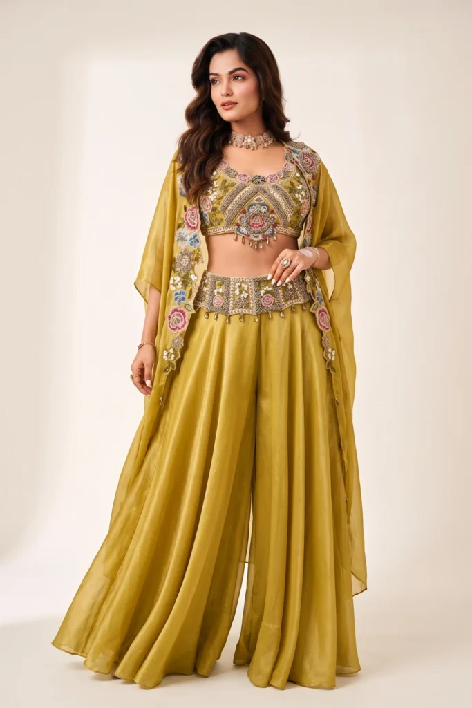 Exquisite Mustard Shimmer Embroidered Jacket Set 1 Premium 2 Piece Outfit