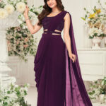 Wine Georgette Embroidered Drape Saree Set: 2-Piece Outfit