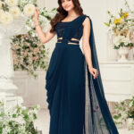 Blue Georgette Embroidered Drape Saree Set: 2-Piece Outfit