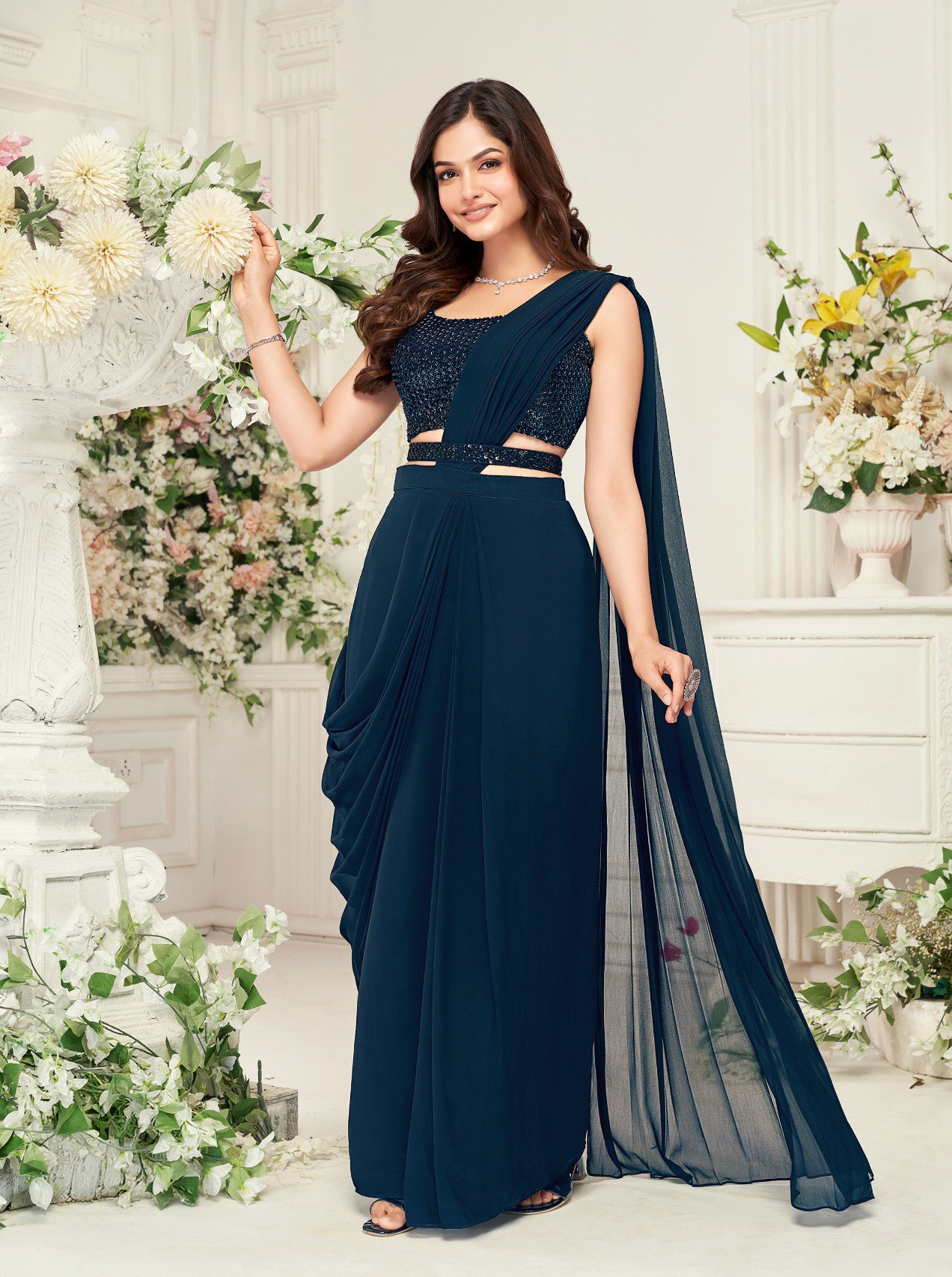 ur 3 Blue Georgette Embroidered Drape Saree Set: 2-Piece Outfit - Image 1