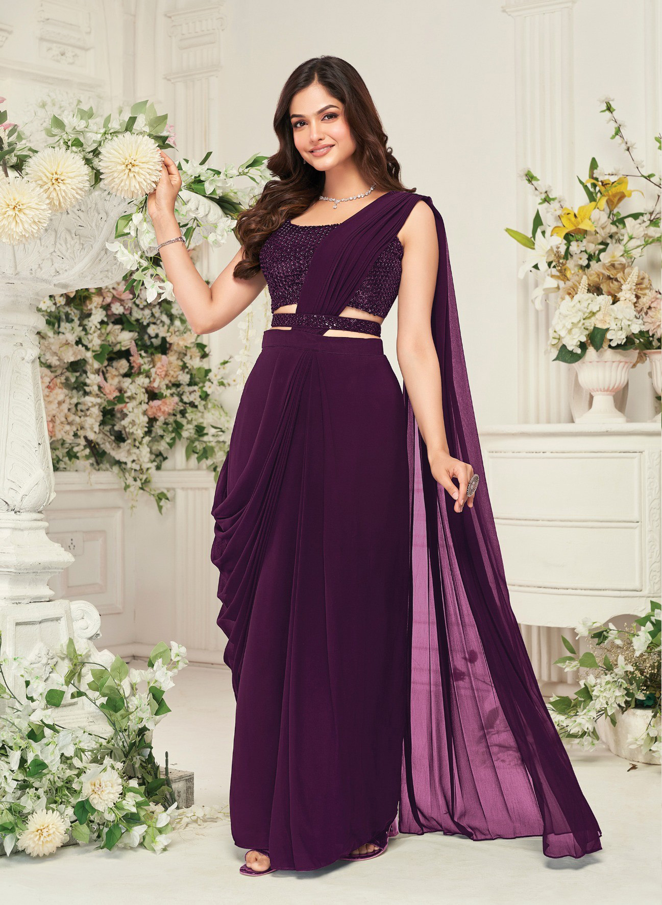 ur Wine Georgette Embroidered Drape Saree Set: 2-Piece Outfit - Image 1